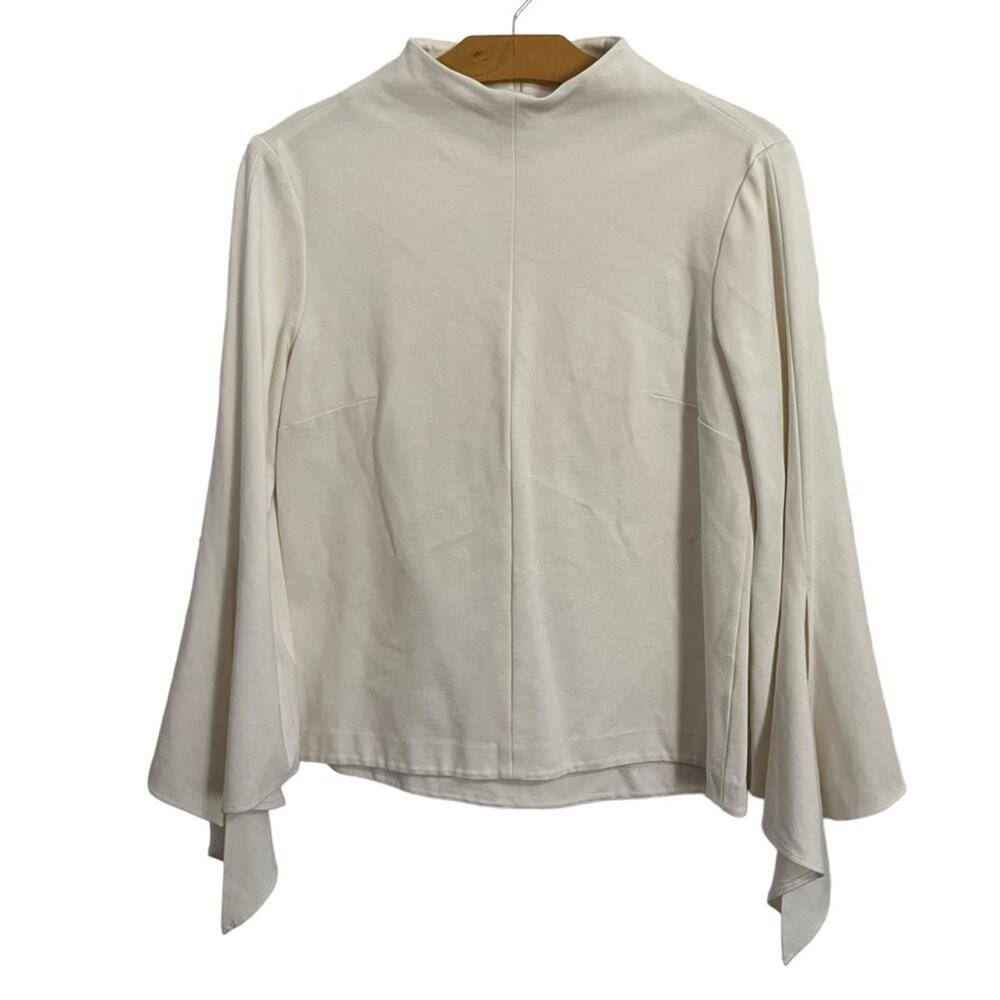 Tibi Mock Neck Flutter Tie Sleeve Blouse Ponte Top White Office Work Formal S